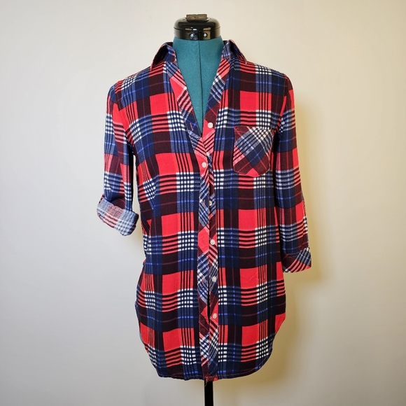 Rebel Sugar red navy white plaid 3/4 sleeve button-down shirt top size XS US - Picture 2 of 7